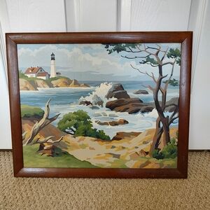 Vintage Paint By Number Framed Seascape Lighthouse Ocean View Painting